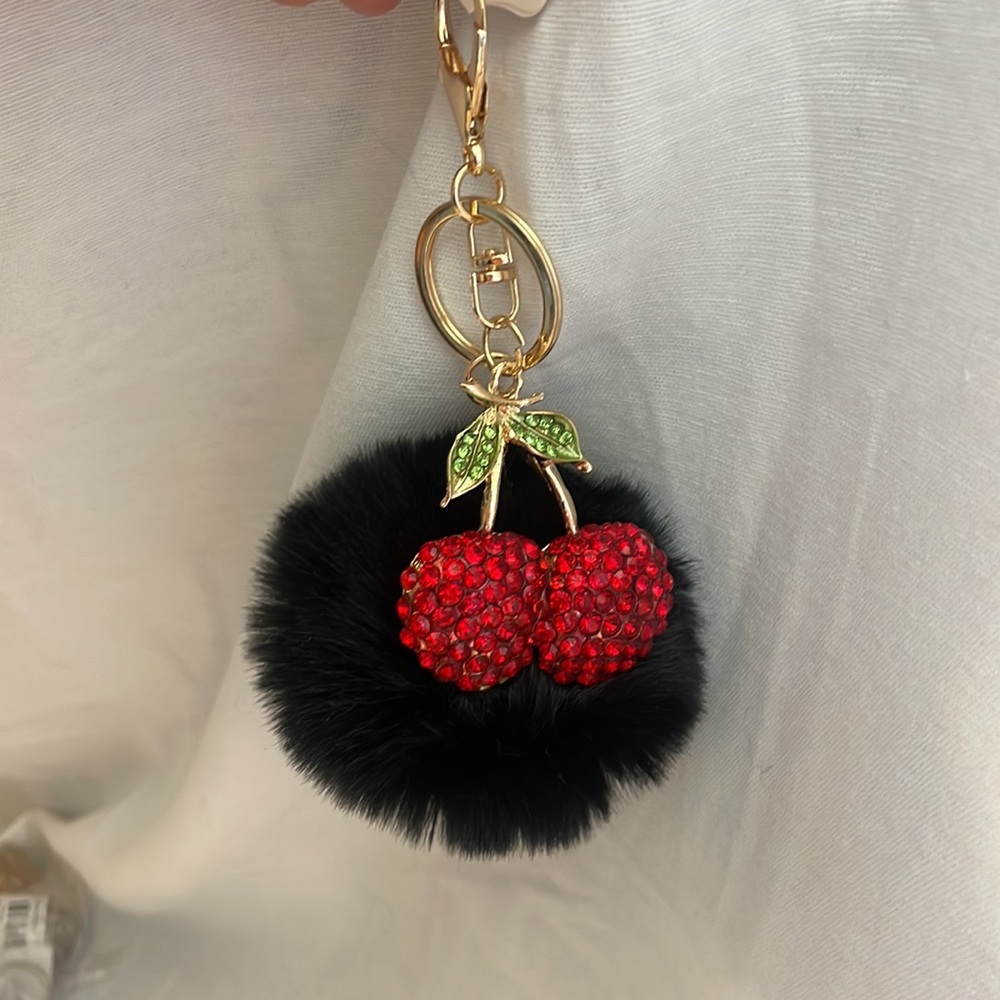 NEW Black Pom with Rhinestone cherry charm luxury style keychain purse charm
